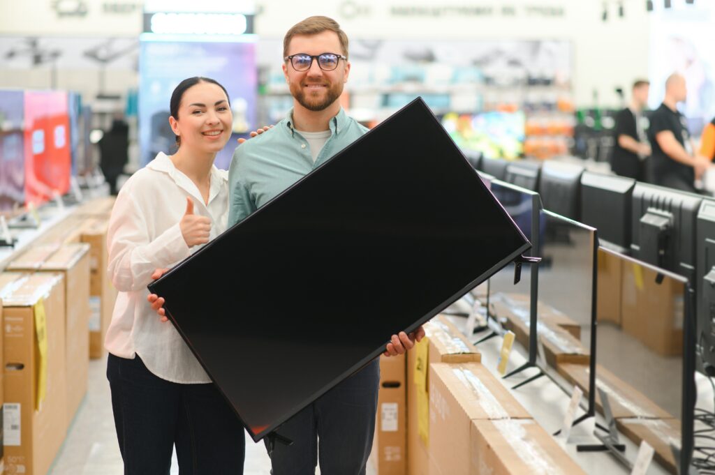 Amazon and Roku Team Up to Combine Connected-TV Ad Audiences 2 young couple chooses plasma tv store household appliances electronics gadgets buying new tv sale day